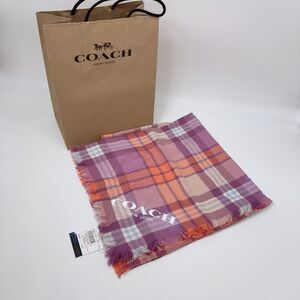 Coach F77768 Wool Stripe Plaid Oversized Square Scarf Shawl Coral Mauve Gift Set